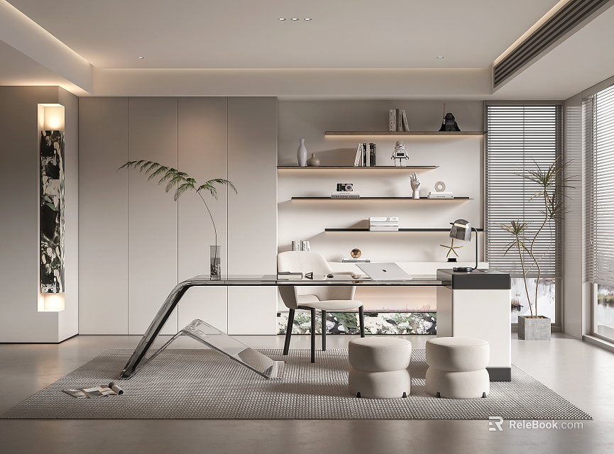 Modern Study Room Interior With Sleek Desk Floating Shelves Potted Plant And Roller Blinds 3d model 