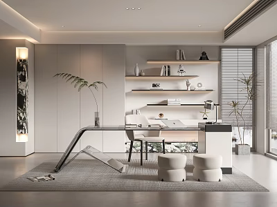 Modern Study Room Interior With Sleek Desk Floating Shelves Potted Plant And Roller Blinds 3d model