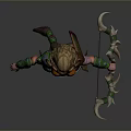 Warrior Costume Featuring Horned Helmet Orange Top Green Arm Wraps Leather Belt Leg Wraps Boots