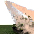 Camouflage Military Tank Firing Artillery With Smoke Trails In Grass Field Sunset Sky