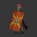 Traditional Roman Soldier in Shiny Metallic Armor Wearing Red Plumed Helmet Holding Spear and Shield