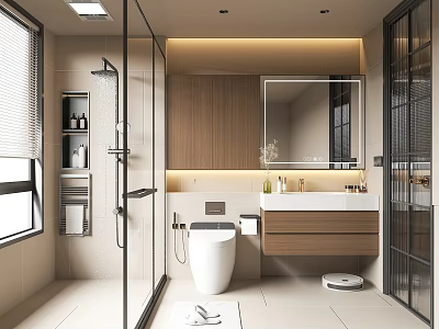 Modern Warm Minimalist Bathroom Interior With Smart Toilet Wooden Vanity And Glass Shower Enclosure 3d model