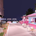 Vibrant Outdoor Dining Street With Pink Blue Shops Awnings And Cactus Decorations