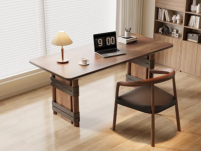 Modern Wooden Home Office Desk With Laptop Table Lamp Cup Chair And Window Blinds 3d model