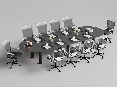 Black Oval Conference Table With White Ergonomic Chairs Laptop And Flowers 3d model