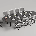 Black Oval Conference Table With White Ergonomic Chairs Laptop And Flowers
