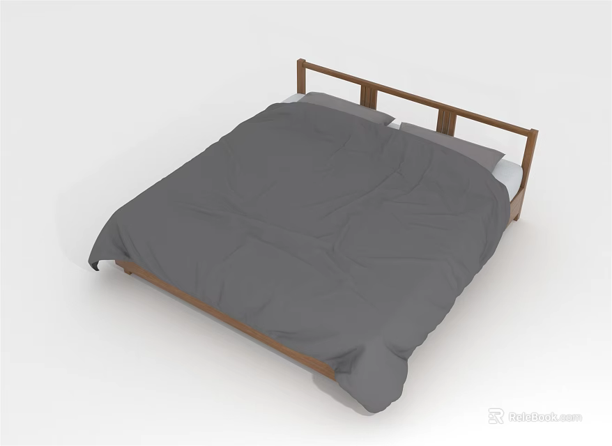 Double Bed With Wooden Frame And Gray Bedding Simple Modern Design 3d model