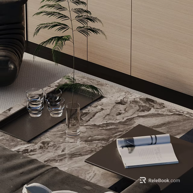 Modern Sofa and Coffee Table Set with Glasses Green Plant and Notebook on Marble Top 3d model 