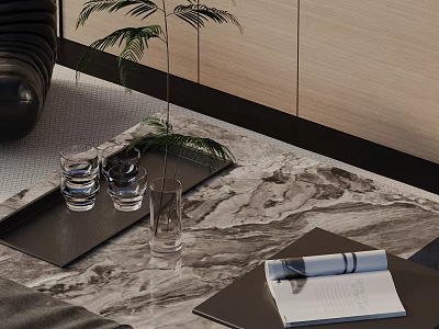 Modern Sofa and Coffee Table Set with Glasses Green Plant and Notebook on Marble Top 3d model