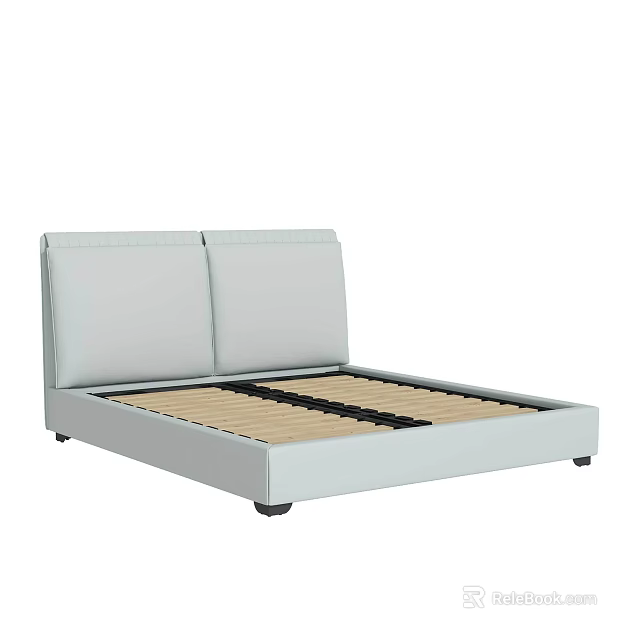 Modern Light Gray Upholstered Double Bed Frame with Twin Headboards and Wooden Slats Support 3d model 