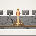 Modern Reception Desk with White Marble Countertop Four Monitors and Golden Logo Decor