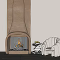Tufted White Single Sofa In Modern Living Room With Fireplace Small Table And Fruits