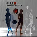 Futuristic Female Models with Colorful Tech Spheres in Digital Rainy Background
