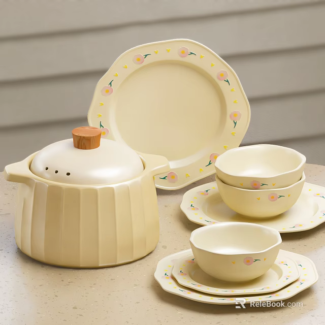Cream Colored Dinnerware Set With Floral Prints Bowls Plates And Ribbed Wooden Lid Casserole 3d model 
