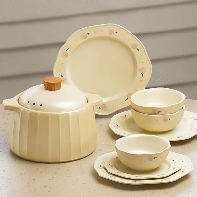 Cream Colored Dinnerware Set With Floral Prints Bowls Plates And Ribbed Wooden Lid Casserole 3d model