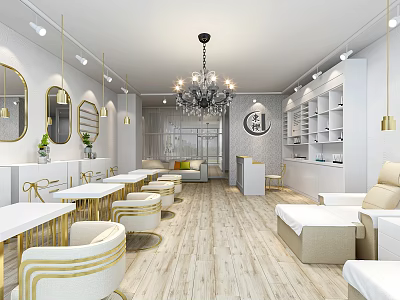 Modern Bubble Tea Shop Interior With White Tables Golden Chairs And Chandeliers 3d model