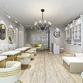 Modern Bubble Tea Shop Interior With White Tables Golden Chairs And Chandeliers