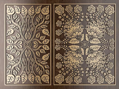 Symmetric Wooden Carving with Leaf and Flower Patterns on Dark Background 3d model