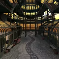 Historic Building Atrium Featuring Ironwork Balconies Stone Path And Glass Roof 3d model