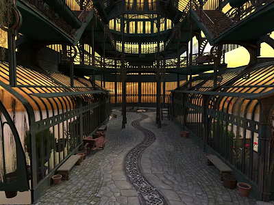 Historic Building Atrium Featuring Ironwork Balconies Stone Path And Glass Roof 3d model