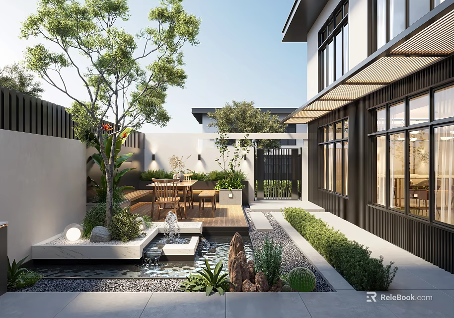 Serene Courtyard Garden With House Exterior Large Tree Water Feature And Outdoor Dining Area 3d model 