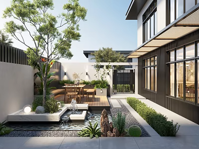 Serene Courtyard Garden With House Exterior Large Tree Water Feature And Outdoor Dining Area 3d model