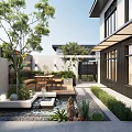 Serene Courtyard Garden With House Exterior Large Tree Water Feature And Outdoor Dining Area