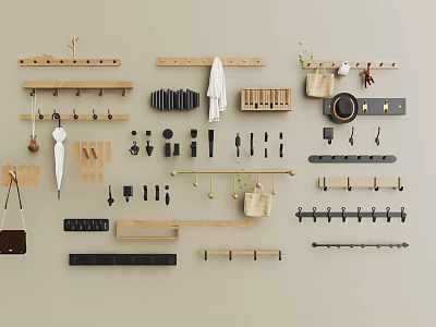 Assorted Wall Hooks in Wooden and Metal Designs with Racks for Home Storage 3d model