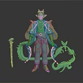 Game and Movie Character Teal 3D Model with Horns Golden Accents Dragon Elements and Staff