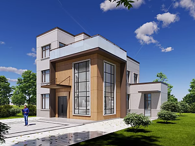Modern Detached Villa Exterior With Large Glass Windows Wooden Accents And Green Lawn 3d model