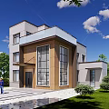Modern Detached Villa Exterior With Large Glass Windows Wooden Accents And Green Lawn