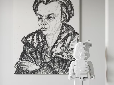 Black and White Portrait Sketch of Short Haired Figure with Textured Clothing and Bear Figurine 3d model