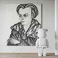 Black and White Portrait Sketch of Short Haired Figure with Textured Clothing and Bear Figurine