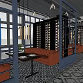 Modern Industrial Restaurant With Geometric Tile Floor Wooden Wall Decor Green Plants And Orange Chairs