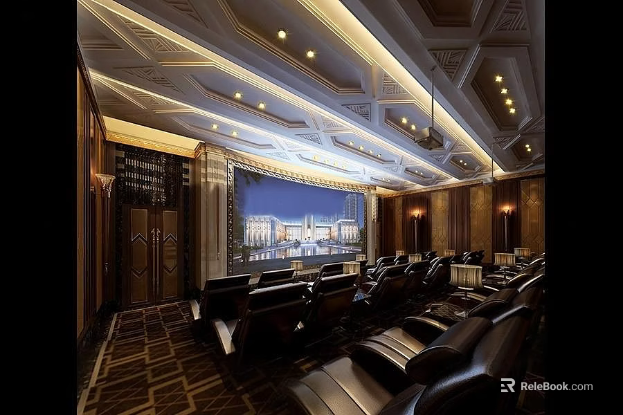 Luxurious Home Theater Interior With Leather Seats Large Screen And Ceiling Lighting 3d model 