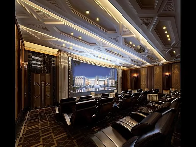 Luxurious Home Theater Interior With Leather Seats Large Screen And Ceiling Lighting 3d model