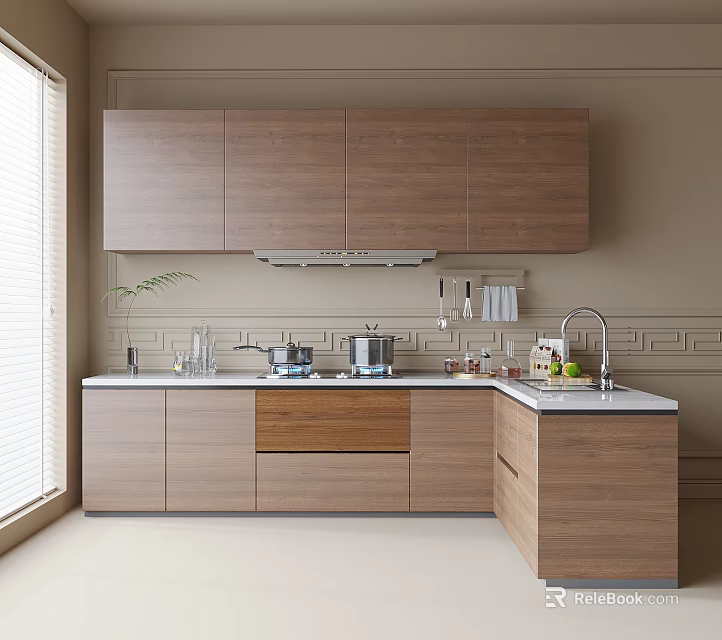 Modern Kitchen Featuring Wooden Cabinets Countertop Sink Stove And Natural Light 3d model 