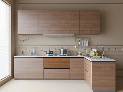 Modern Kitchen Featuring Wooden Cabinets Countertop Sink Stove And Natural Light 3d model