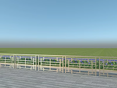 Building Exterior Wall Featuring White Railings Wooden Deck Over Green Field Under Blue Sky 3d model