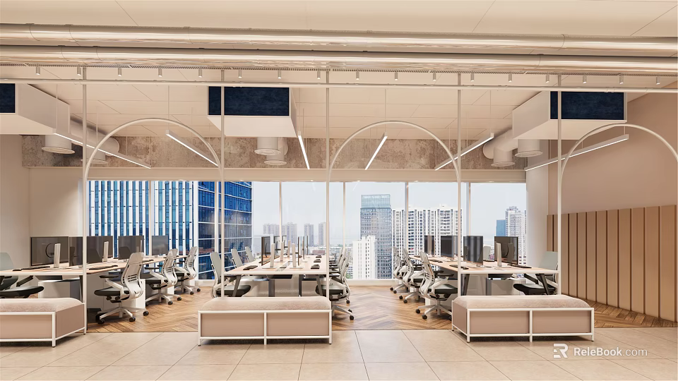 Modern Public Office Space With Open Layout Workstations Large Windows And City Skyline View 3d model