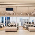 Modern Public Office Space With Open Layout Workstations Large Windows And City Skyline View 3d model