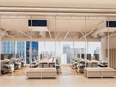 Modern Public Office Space With Open Layout Workstations Large Windows And City Skyline View 3d model