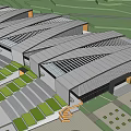 Modern Convention Center Complex With White Roofs Glass Structures Greenery And Parking Areas