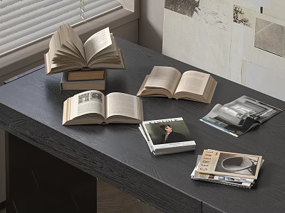 Open Books and Stacked Magazines on Dark Wooden Table Near Window 3d model