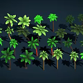 Green Palm Trees of Various Sizes with Shadows on Dark Background