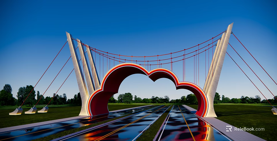Modern Architectural Exterior With Red Curved Structure White Support Columns And Cables 3d model 