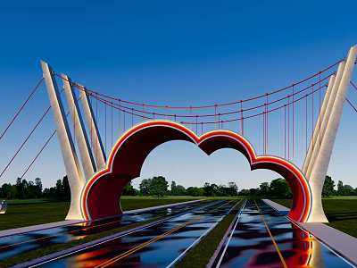 Modern Architectural Exterior With Red Curved Structure White Support Columns And Cables 3d model