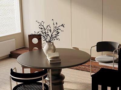 Black Round Dining Table Set with Chairs Vase Plant Book and Beige Walls Blinds Carpet 3d model