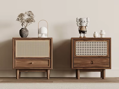 Wooden Nightstands with Woven Panels Drawers Vase Dried Flowers Lamp Plush Toy and White Jars 3d model