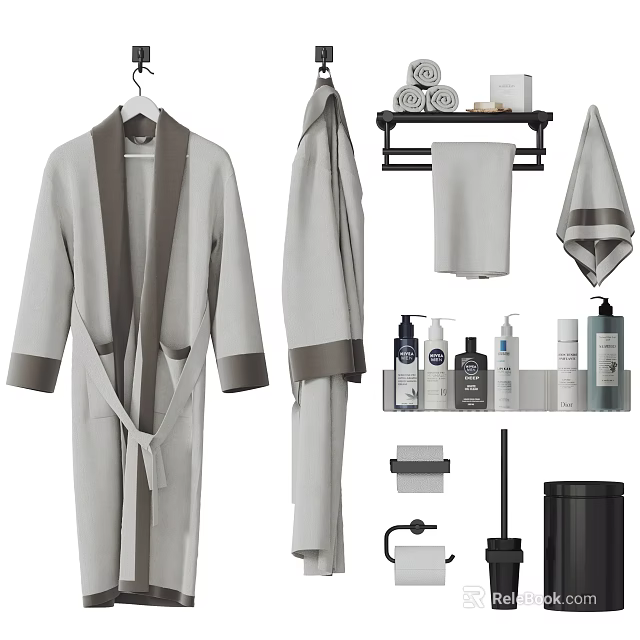 Essential Bathroom Accessories Including Bathrobes Towels Toiletries Toilet Brush And Trash Can 3d model 
